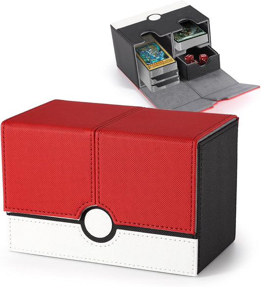 Caja de cartas de doble baraja con bandeja de dados para más de 380 tarjetas MTG, caja de almacenamiento de tarjetas coleccionables, 150 cartas de doble baraja para TCG CCG (Rojo y Blanco)