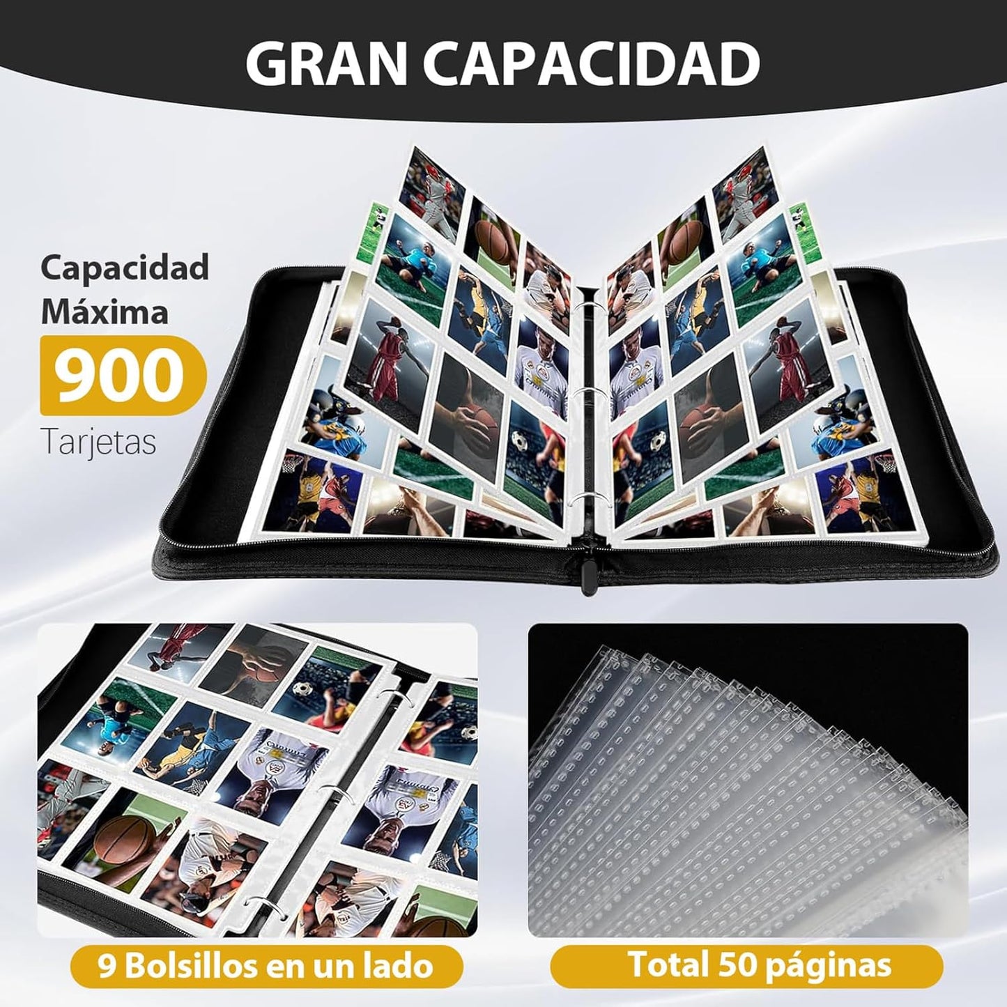 Janety Álbum de 900 Cartas, Binder TCG con 9 Bolsillos 50 Páginas, Carpeta para Tarjetas Coleccionables, Compatible con MTG, Cartas Deportivas y Cartas de Juegos